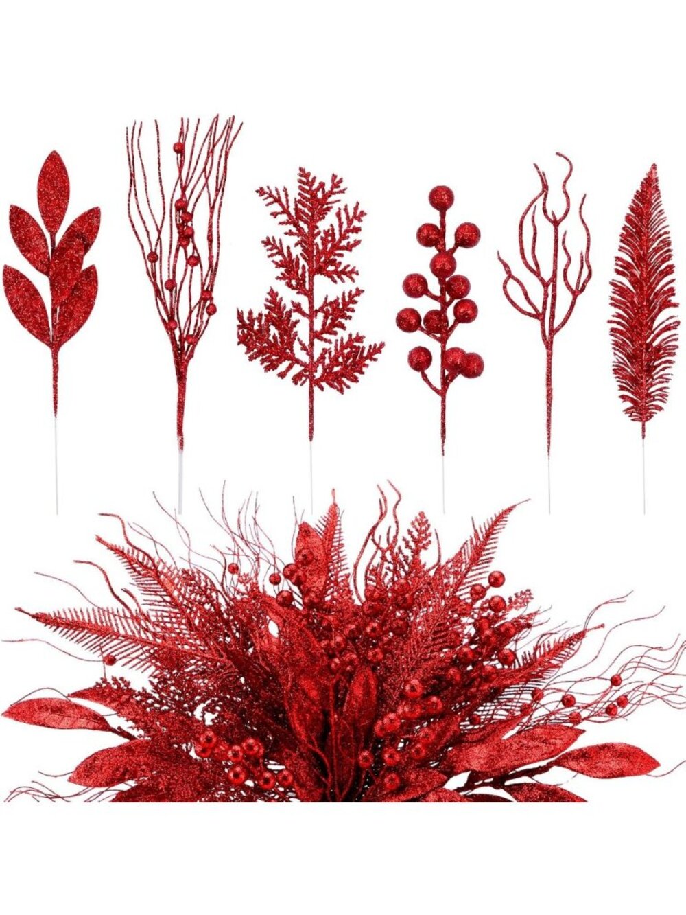 66 Pcs Red Glitter Christmas Picks & Sprays for Holiday Decor & Crafting